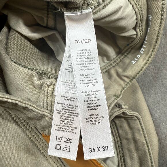 DU/ER No Sweat Slim Pants Men's 34 X 30 Khaki Five Pocket Cotton Lyocell Stretch - Picture 7 of 14